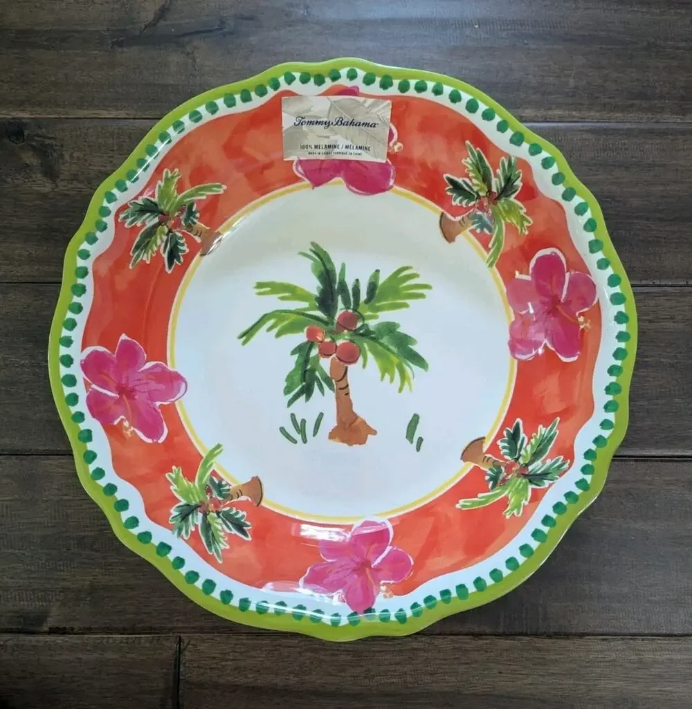 TOMMY BAHAMA 13.5” Pink Hibiscus Palm Tree Melamine Lrg Serving Chip Salad Bowl